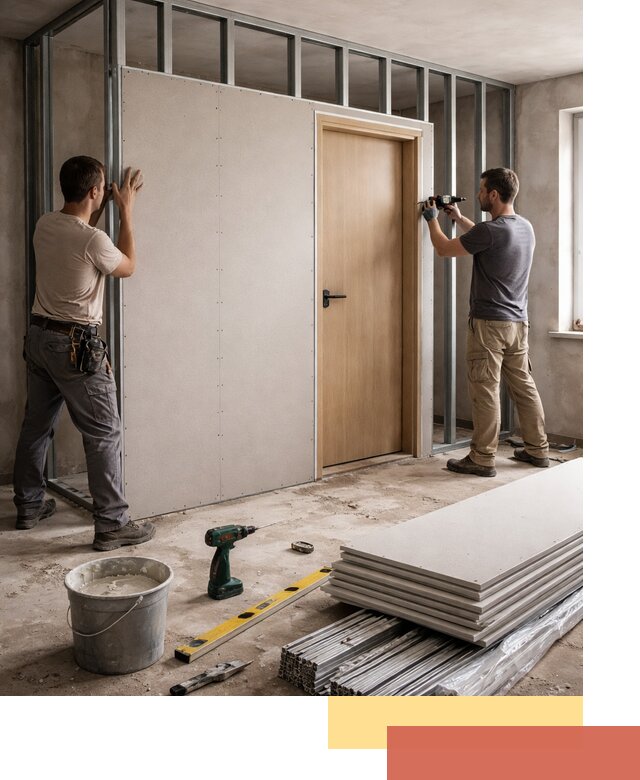 Перегородка из гипсокартона с дверью под ключ в Дальнегорске