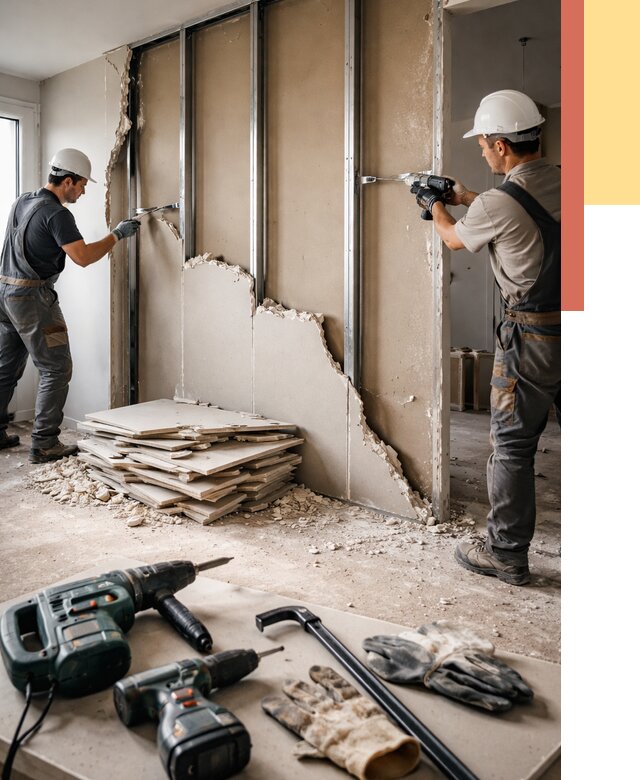 Демонтаж перегородки из гипсокартона в Дальнегорске от 1236 руб. быстро и недорого | ОТДЕЛОЧНИК-Дль