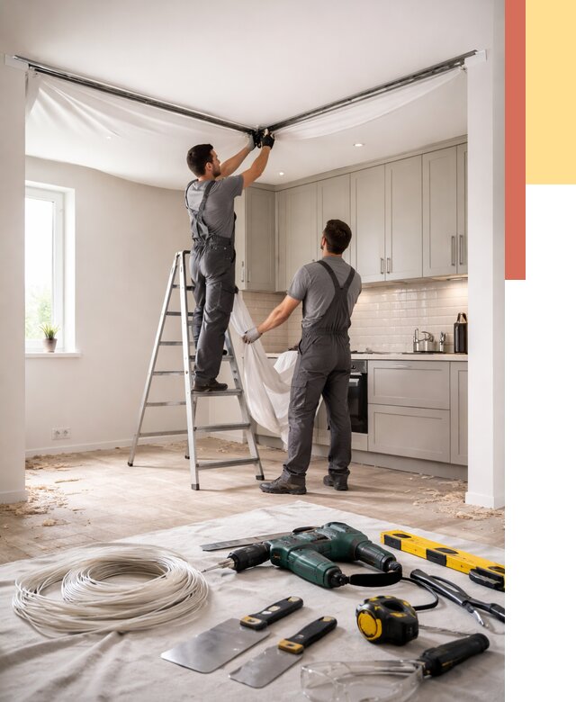 Установка натяжного потолка на кухне в Дальнегорске от 2473 руб. | ОТДЕЛОЧНИК-Дль