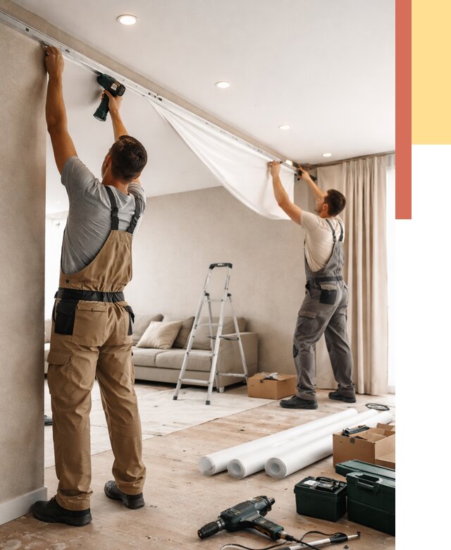 Монтаж натяжного потолка в гостиной в Дальнегорске от 567 руб. | ОТДЕЛОЧНИК-Дль