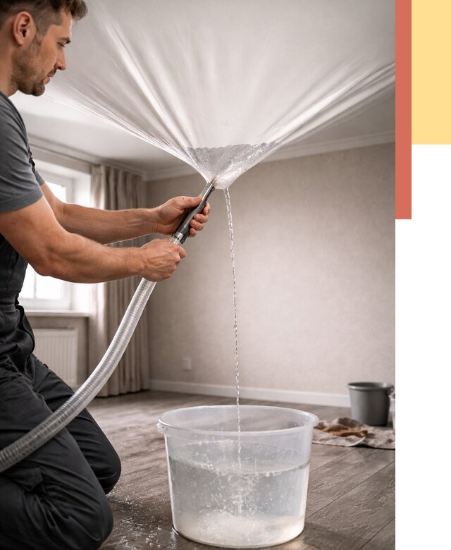 Слив воды с натяжного потолка в Дальнегорске от 2576 руб. быстро и недорого | ОТДЕЛОЧНИК-Дль